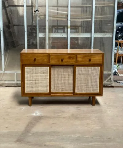 Mildura Teak Wood Sideboard Rattan Combination With 3 Drawers