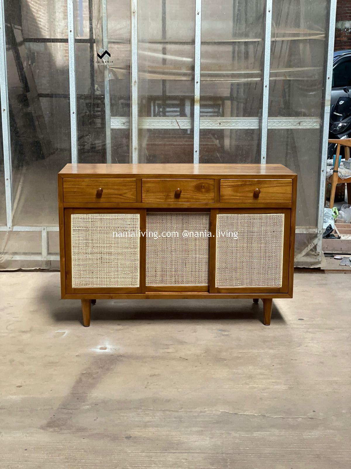 Mildura Teak Wood Sideboard Rattan Combination With 3 Drawers