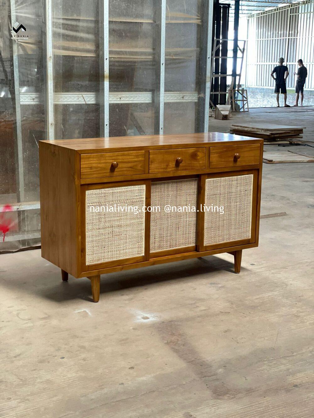 Mildura Teak Wood Sideboard Rattan Combination With 3 Drawers