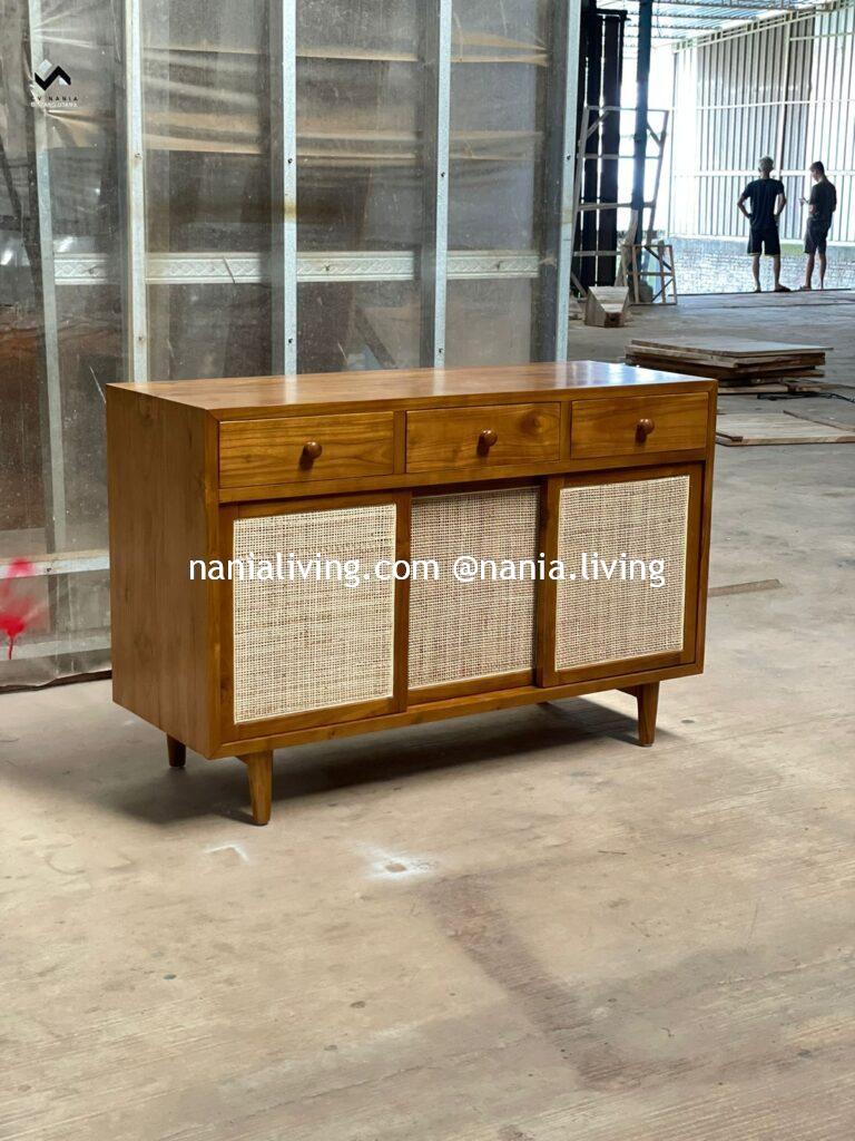 Mildura Teak Wood Sideboard Rattan Combination With 3 Drawers