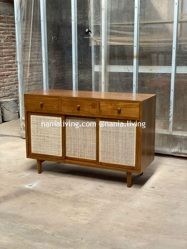 Mildura Teak Wood Sideboard Rattan Combination With 3 Drawers