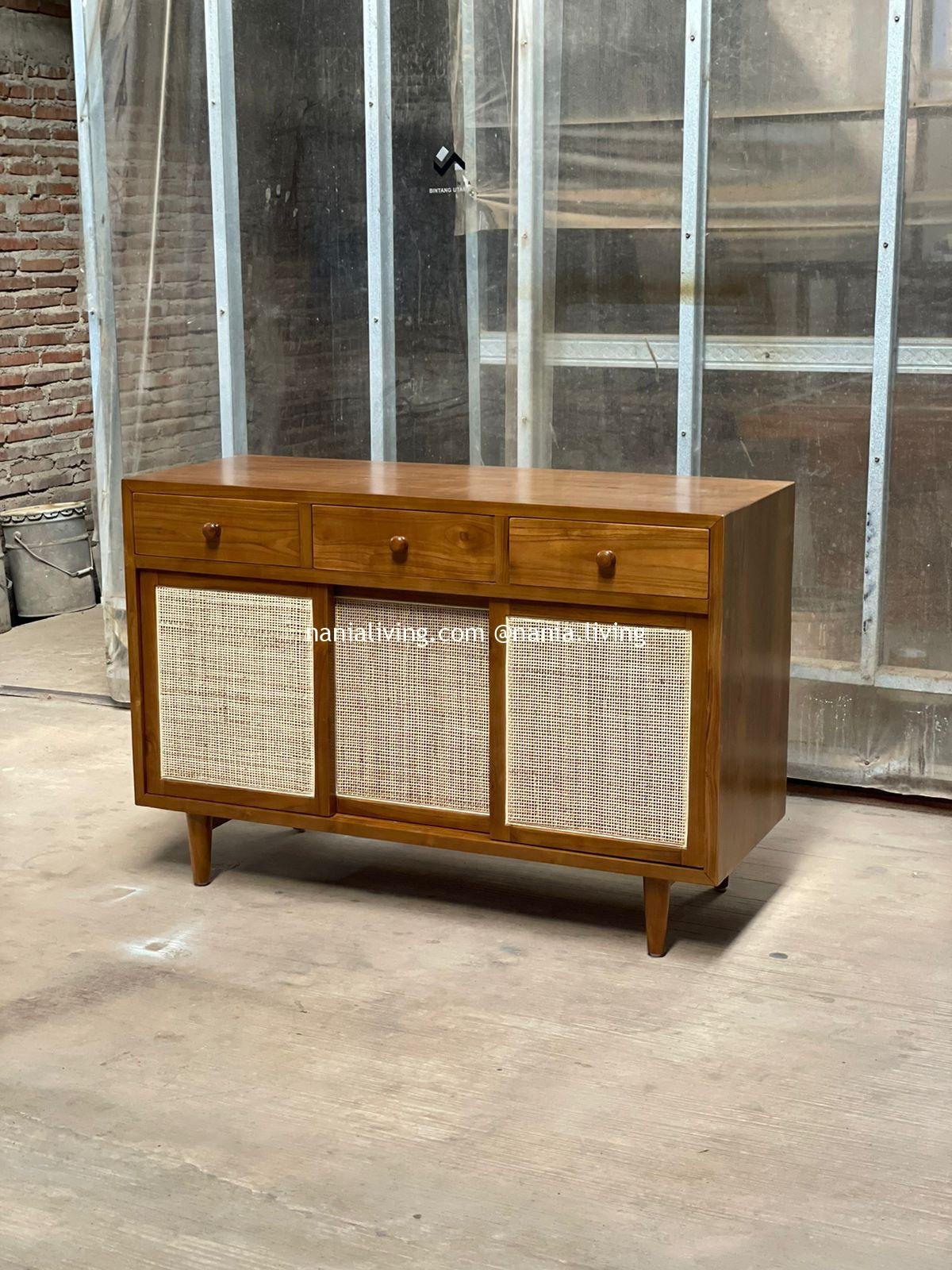 Mildura Teak Wood Sideboard Rattan Combination With 3 Drawers