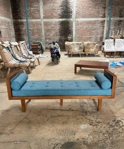 Kalgoorlie Backless Teak Wood Sofa With Blue Cushion