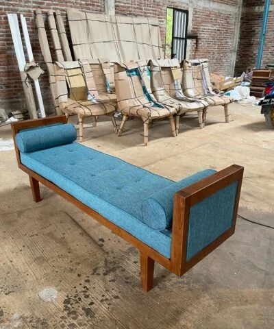 Kalgoorlie Backless Teak Wood Sofa With Blue Cushion
