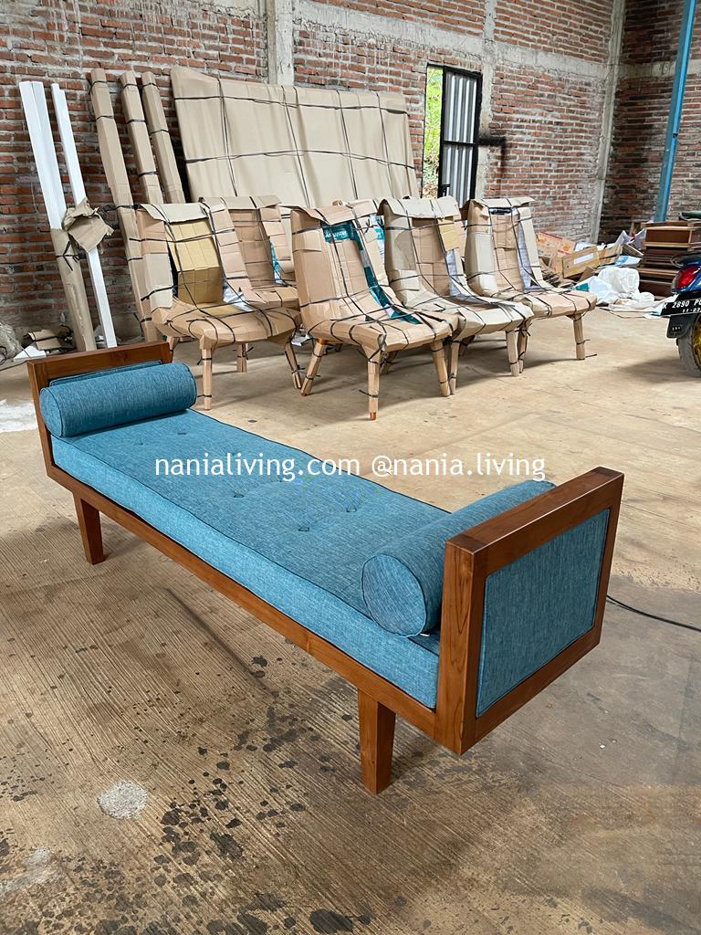 Kalgoorlie Backless Teak Wood Sofa With Blue Cushion