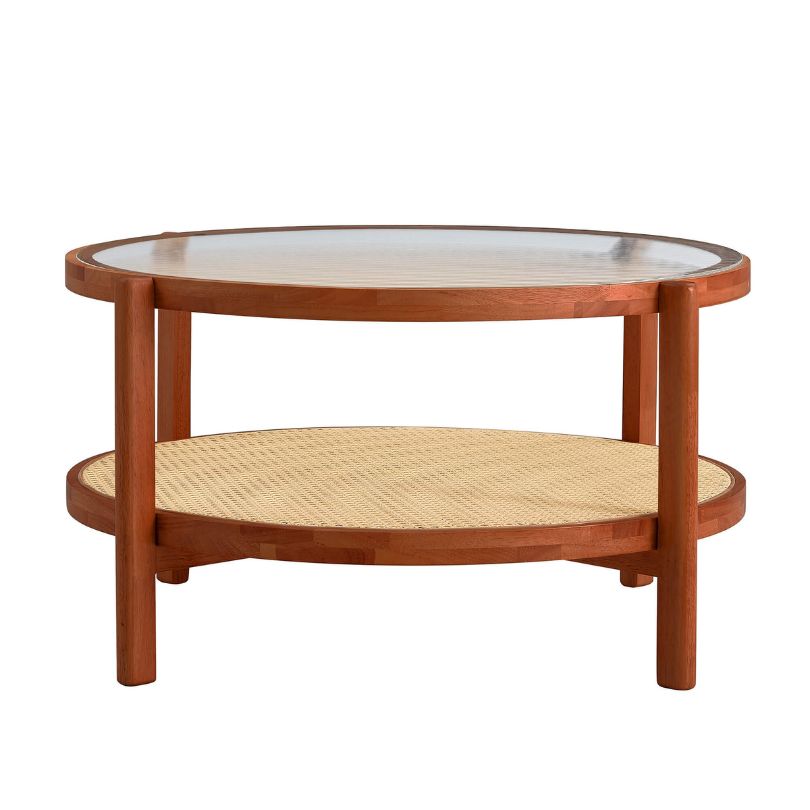 Alicante Circular Teak Glass Rattan Double Layer Coffee Table