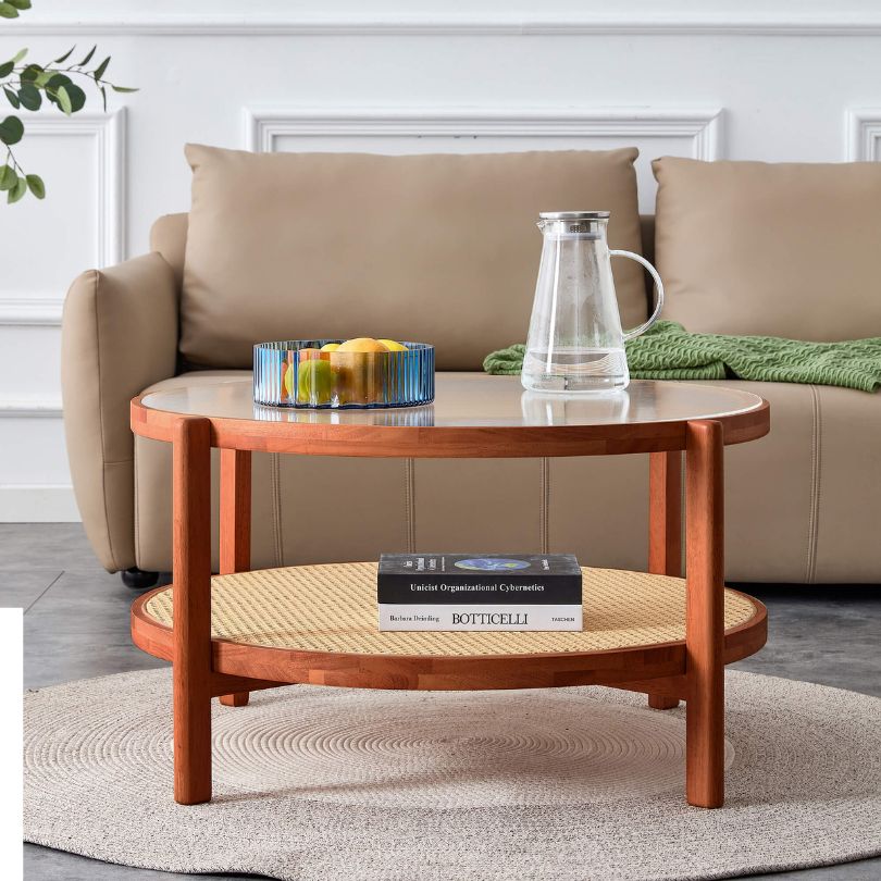 Alicante Circular Teak Glass Rattan Double Layer Coffee Table