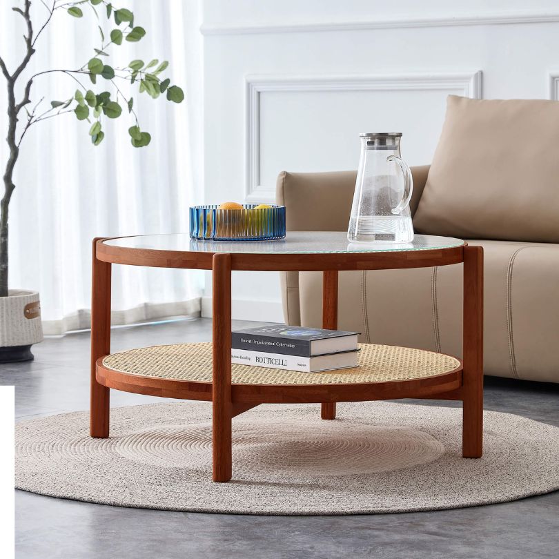 Alicante Circular Teak Glass Rattan Double Layer Coffee Table