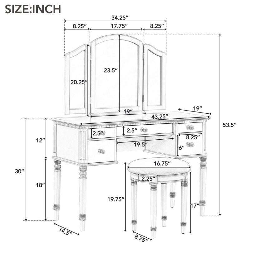 Gijon Gold Triple Mirror Dressing Table with Mirror