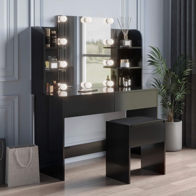 Vitoria Black Dressing Table with 10 Lights and 2 Drawers