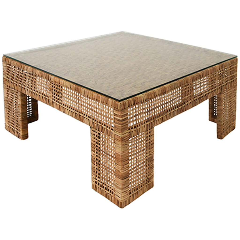 Bharu Wide Leg Rattan Coffee Table with Glass Top