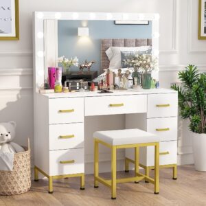 Helmond Makeup Vanity with LED Bulbs With Cushioned Stool