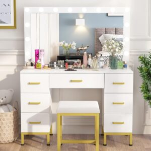 Helmond Makeup Vanity with LED Bulbs With Cushioned Stool