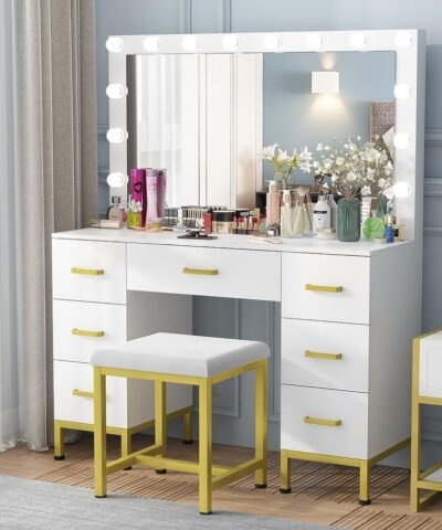 Helmond Makeup Vanity with LED Bulbs With Cushioned Stool