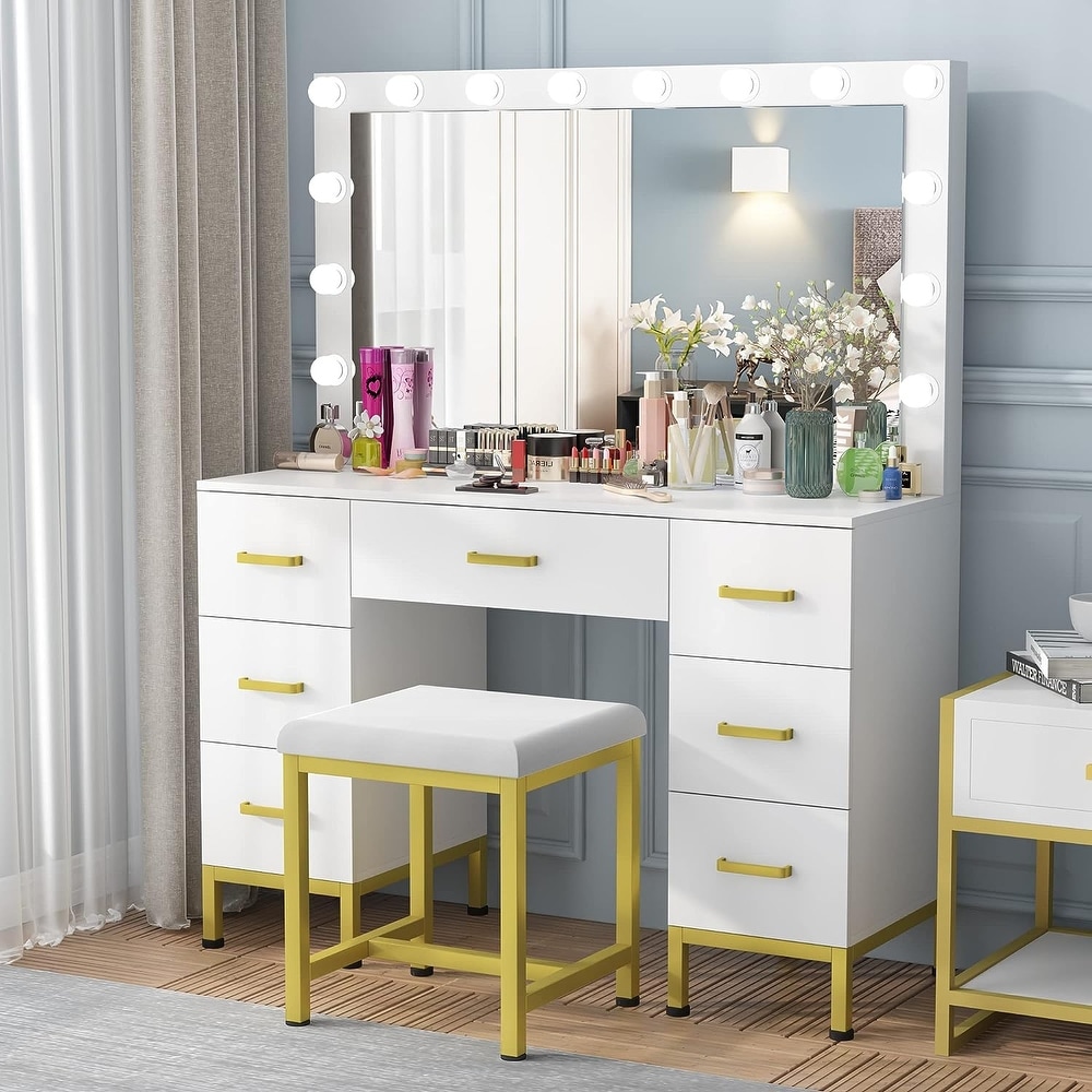 Helmond Makeup Vanity with LED Bulbs With Cushioned Stool