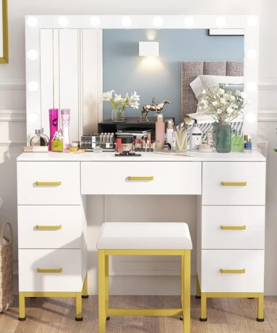 Helmond Makeup Vanity with LED Bulbs With Cushioned Stool