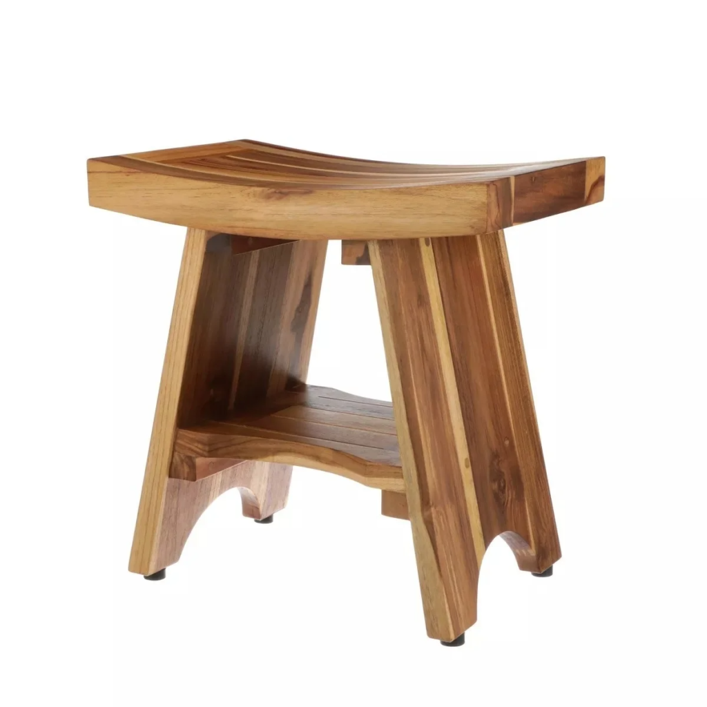 Alkmaar Wide Teak Solid Shower Stool with Shelf Natural