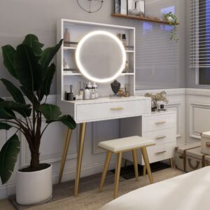 Nieuwegein Vanity Desk with Mirror and Lights with 4 Drawers