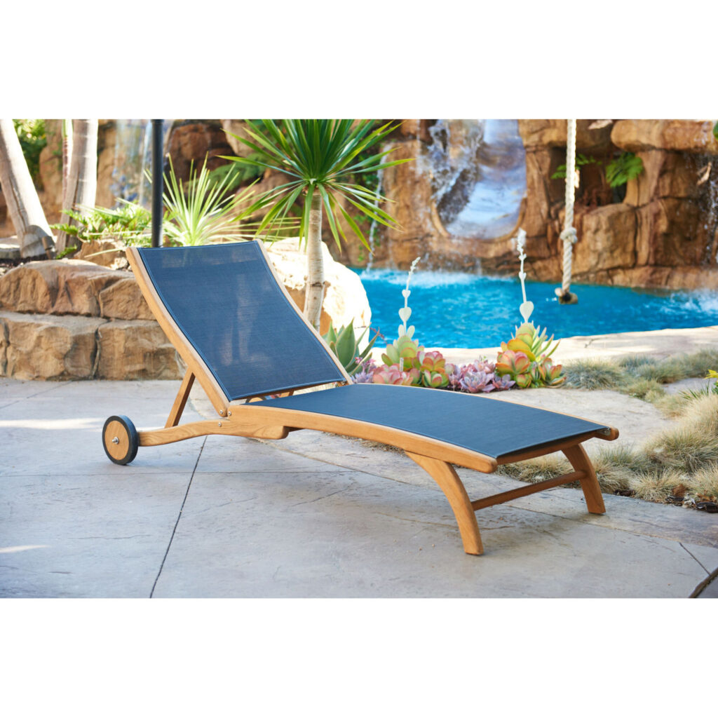 Terrebonne Blue Teak Outdoor Chaise Lounge with Wheels