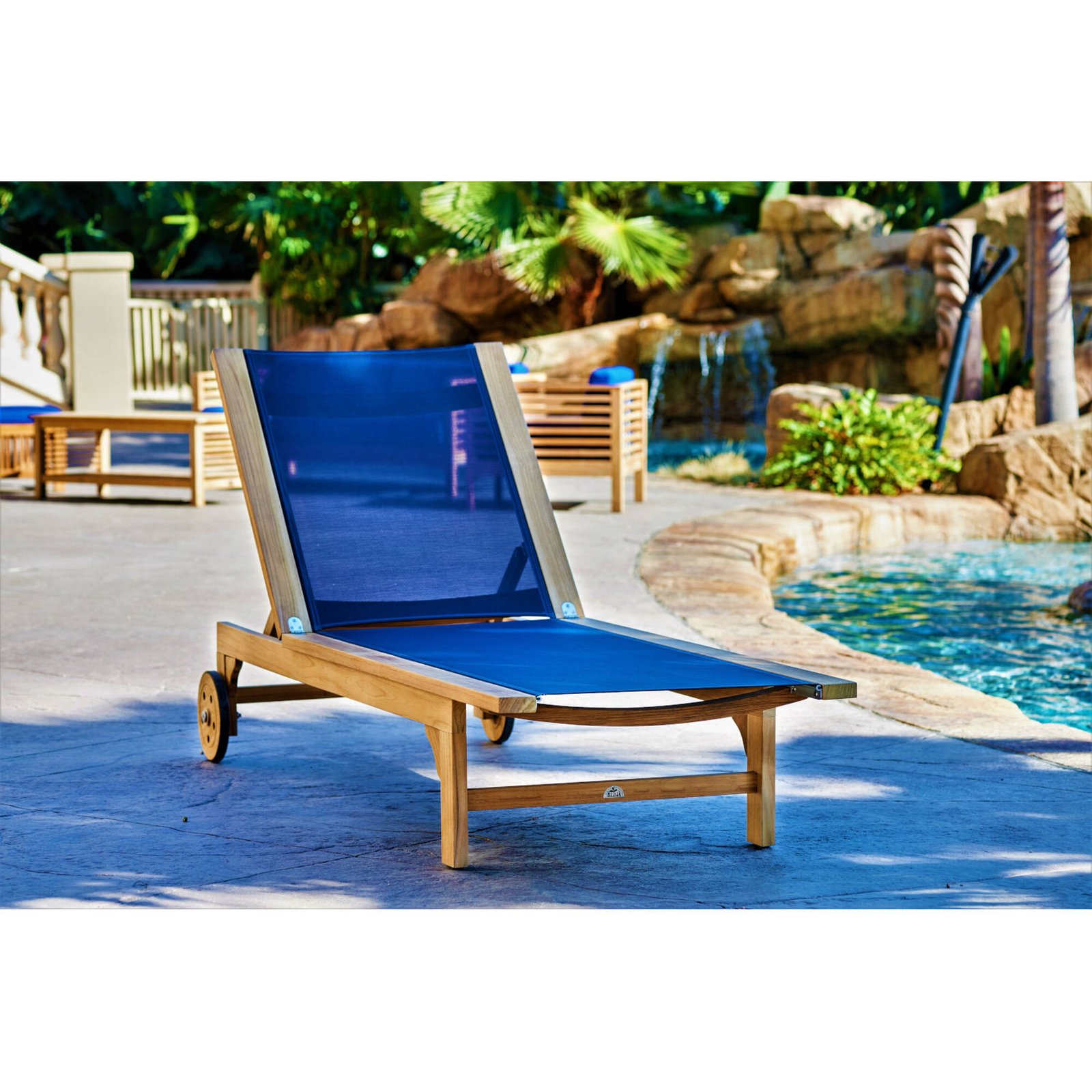 nania-nawm 3 Maple Ridge Blue Teak Outdoor Sunlounger with Wheels
