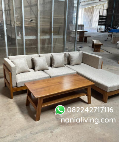 Teak wood L-shaped minimalist corner sofa chair nanialiving.com