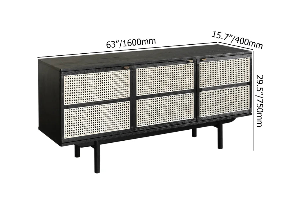 Black Minimalist Teak Sideboard with Natural Rattan Combination