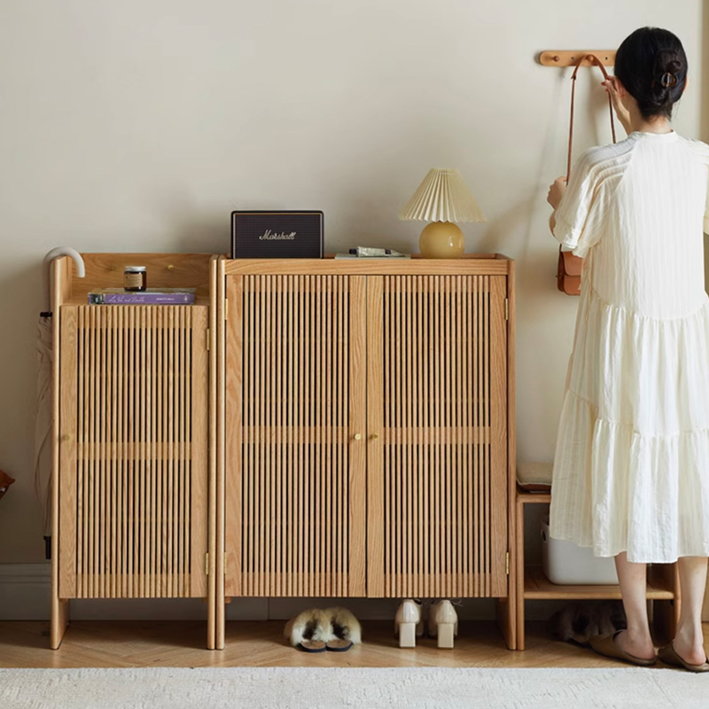 Rattan Combination Minimalist Teak Shoe Rack With Seat