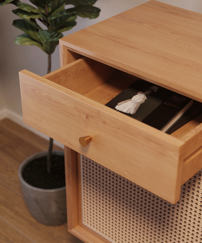 Minimalist Teak Rattan Cabinet with 3 Drawers