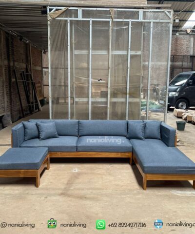 Teak Minimalist Guest Sofa With Blue Cushion