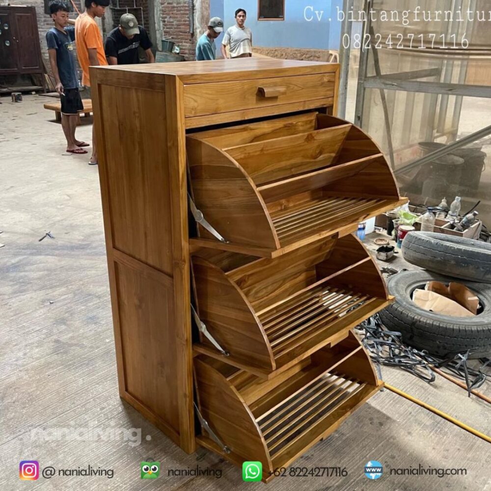 Minimalist 3-door Teak Wood Shoe Cabinet