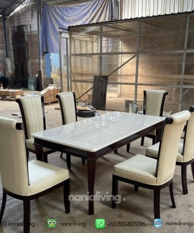 Set Marble Dining Table 6 Teak Chairs Black
