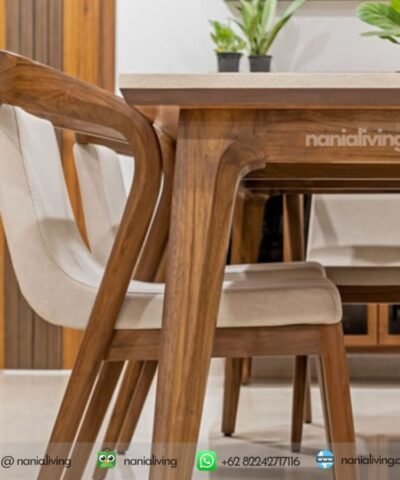 Modern Teak Wood Marble Top Minimalist Dining Table Set