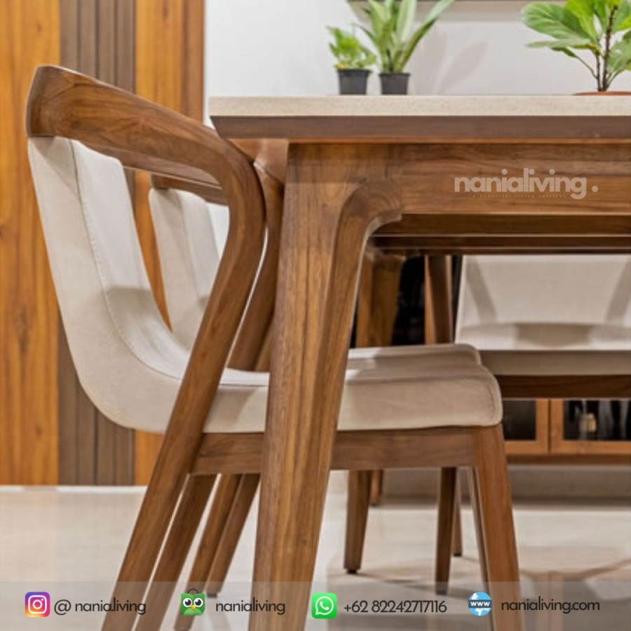 Modern Teak Wood Marble Top Minimalist Dining Table Set