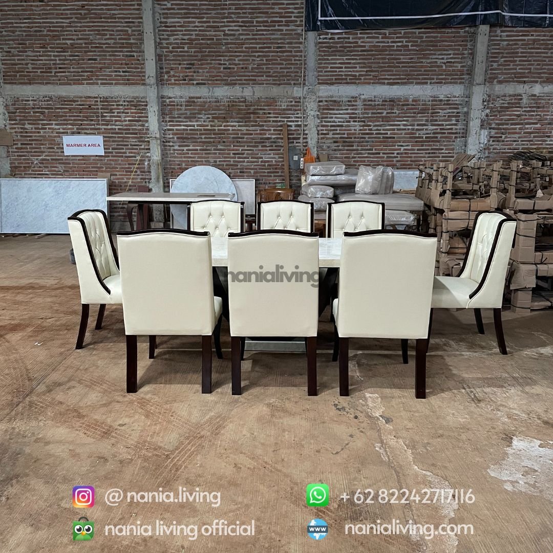 Dining Table Crem Marble Top With 8 Luxury Teak Chairs