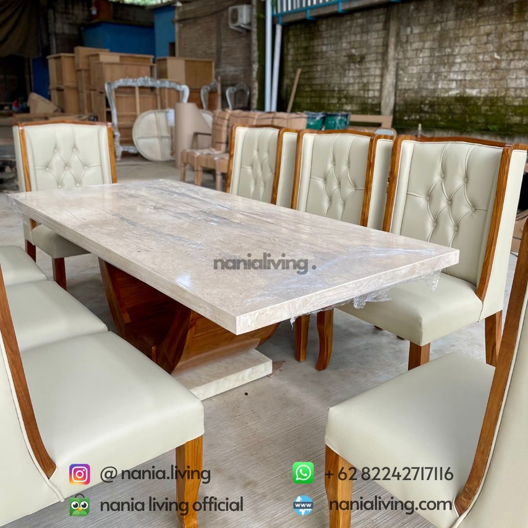 detail Dining Table Crem Marble Top With 8 Luxury Teak Chairs