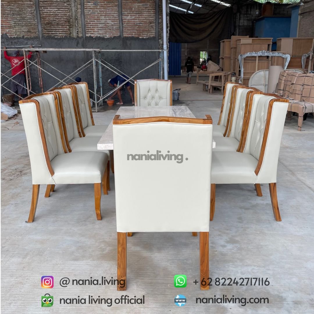 Dining Table Crem Marble Top With 8 Luxury Teak Chairs