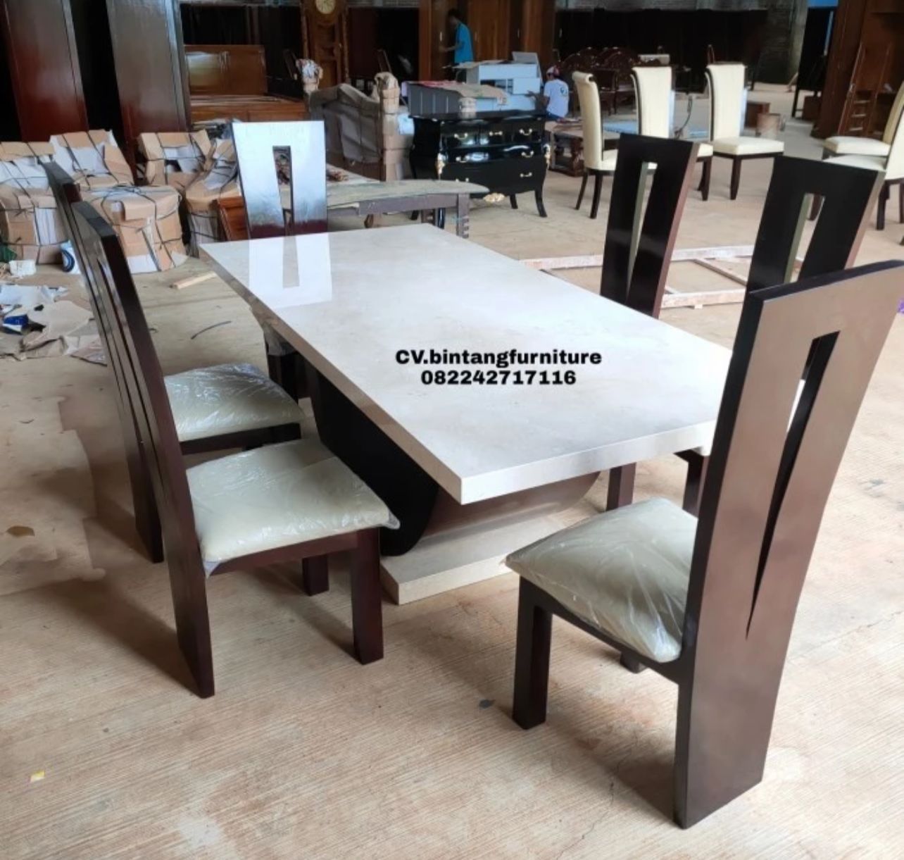 Crem Marble Top Dining Table With 6 Teak Wood Chairs