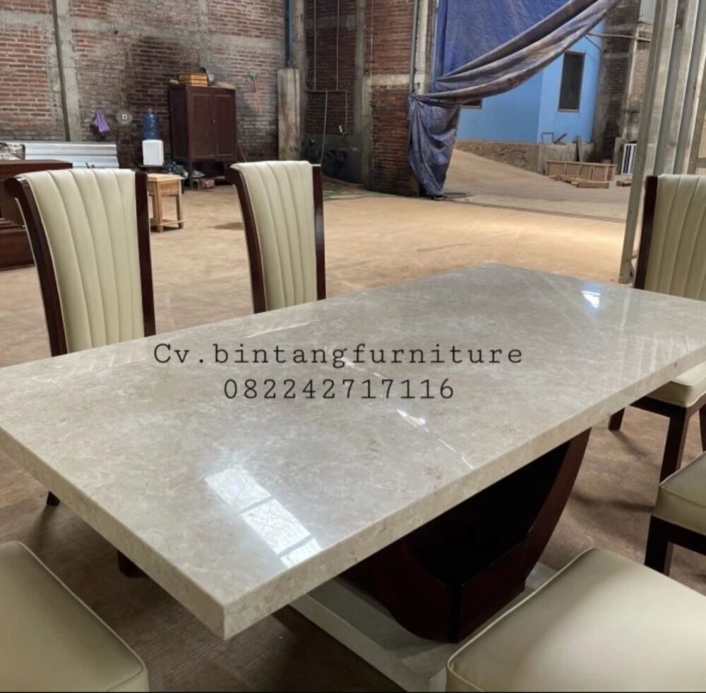 Crem Marble Table Top Dining Table With 6 Teak Chairs