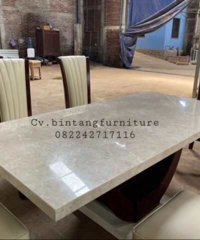Crem Marble Table Top Dining Table With 6 Teak Chairs