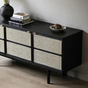 Black Minimalist Teak Sideboard with Natural Rattan Combination