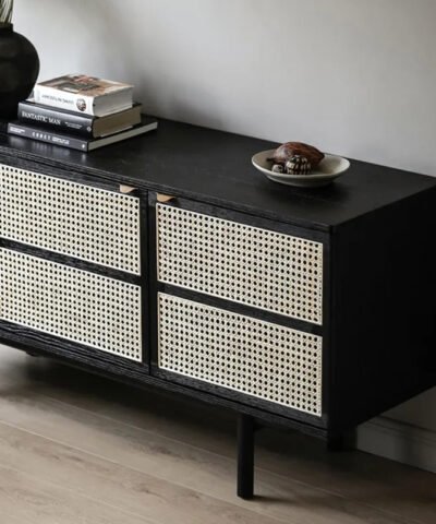 Black Minimalist Teak Sideboard with Natural Rattan Combination