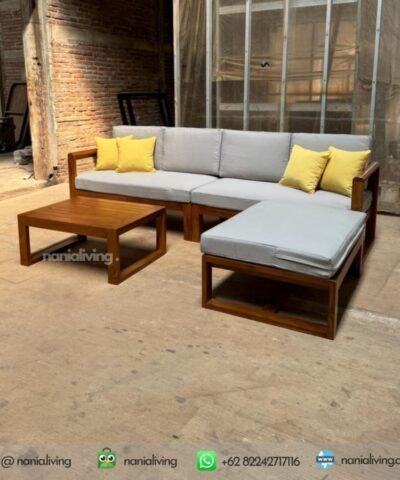 Corner Guest Sofa Chair With Minimalist Teak Wood Table