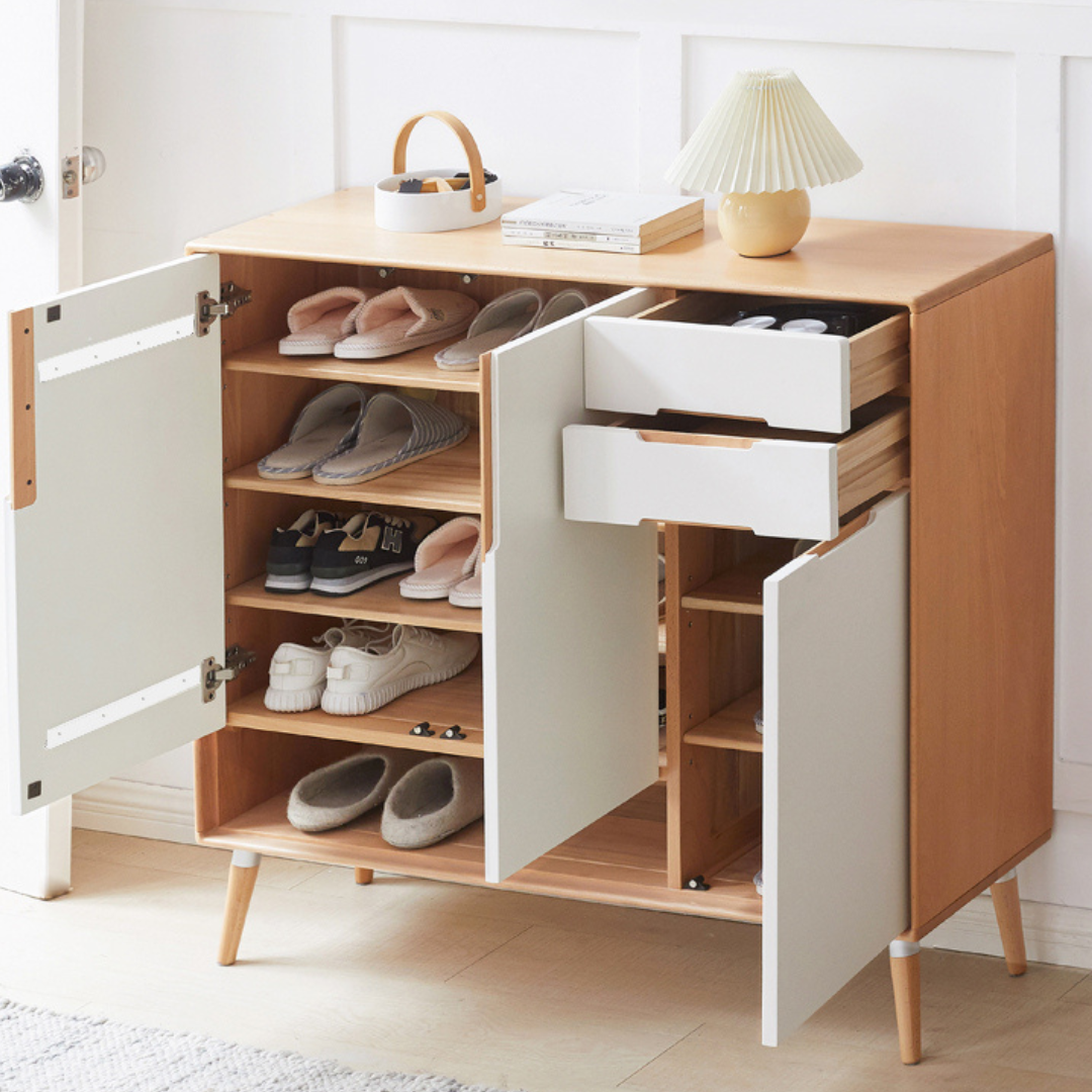 nania-baai 9 Minimalist Teak Shoe Cabinet Shoe Rack With 3 Cheap Drawers