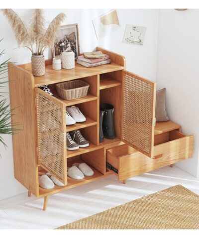 Minimalist Natural Rattan Combination Teak Wood Shoe Rack