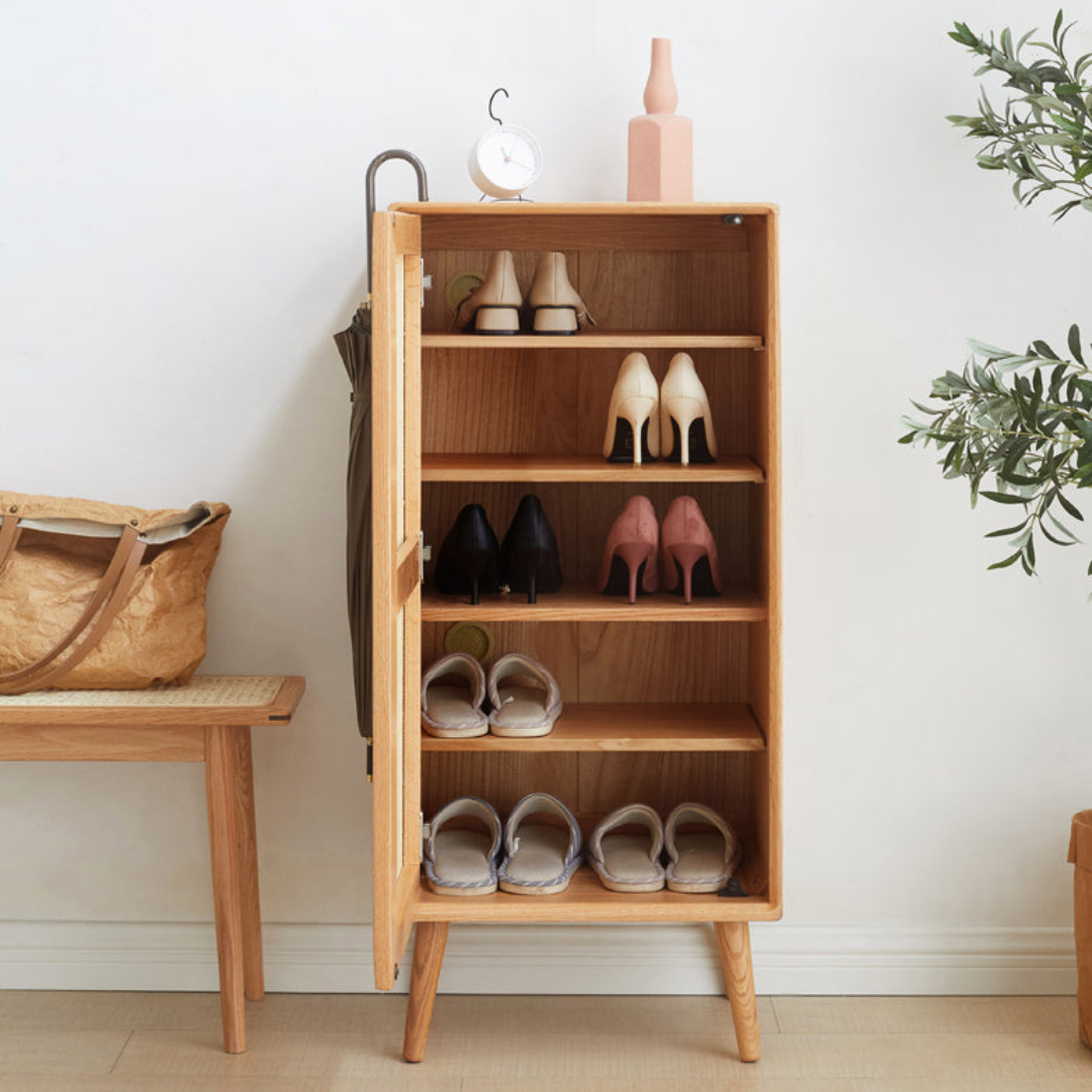 nania-baar 6 Teak Shoe Rack Minimalist Natural Rattan Combination