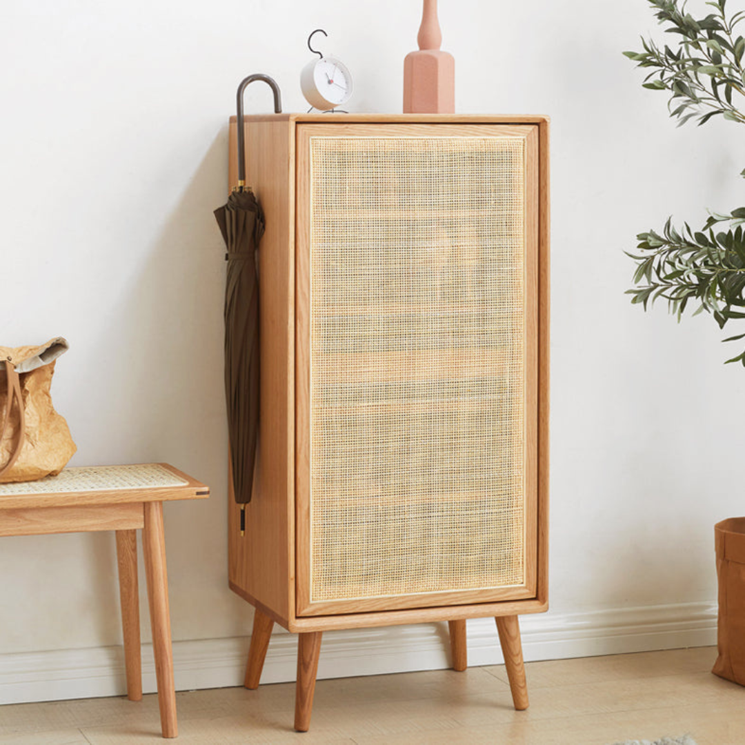 nania-baar 8 Teak Shoe Rack Minimalist Natural Rattan Combination