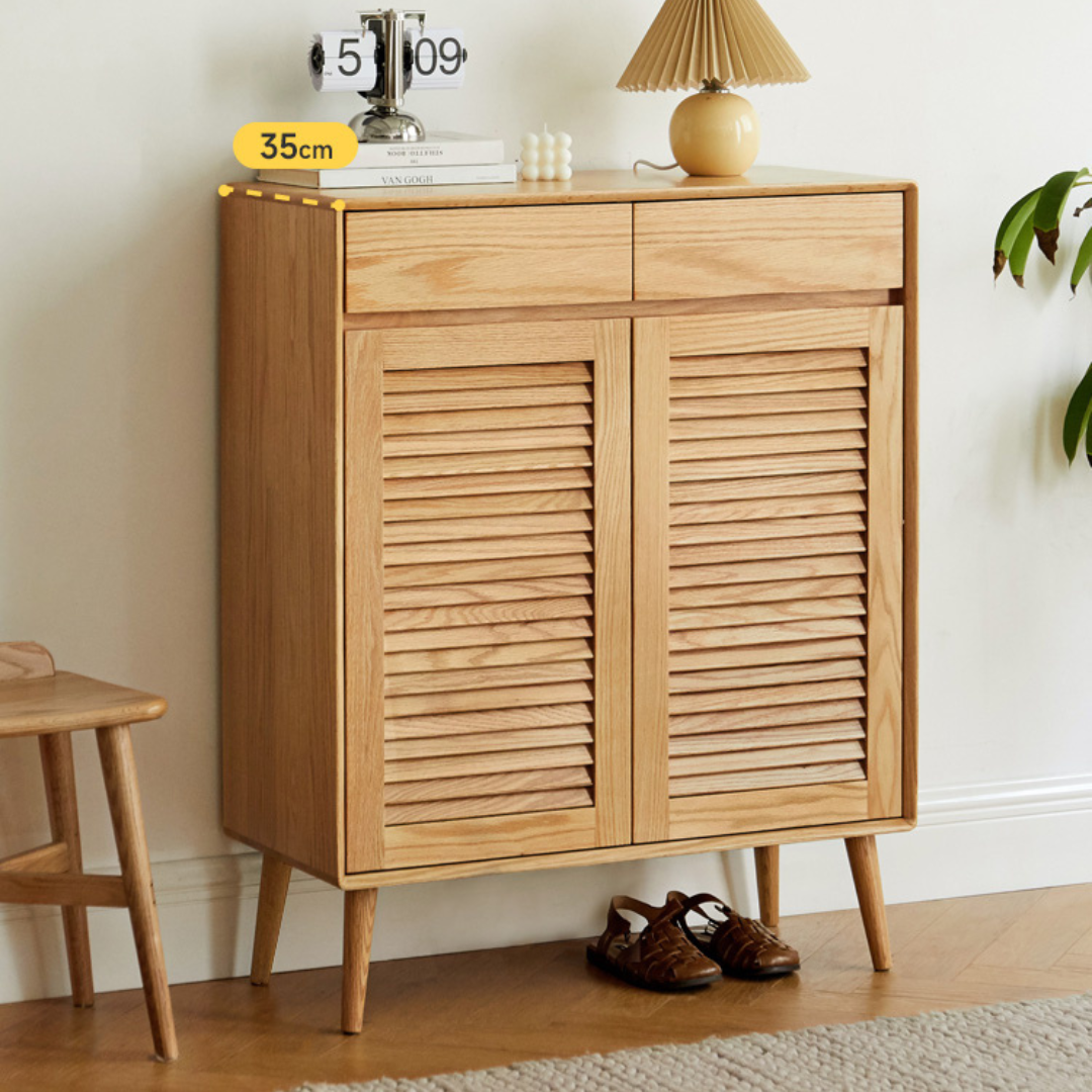 nania-baay 7 Elegant Minimalist Natural Teak Shoe Rack Shoe Cabinet