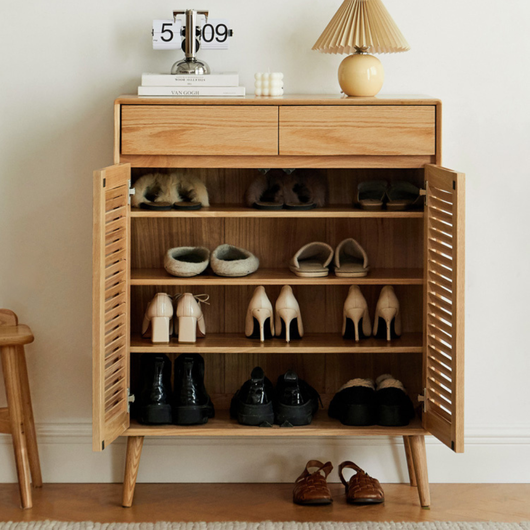 nania-baay 8 Elegant Minimalist Natural Teak Shoe Rack Shoe Cabinet