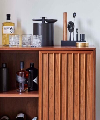Minimalist Teak Bar Cabinet with 2 Doors Brown Finish