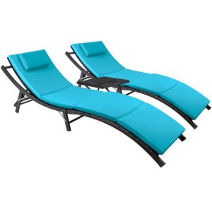 Synthetic Rattan Lounger With Aluminum Frame And Blue Padding